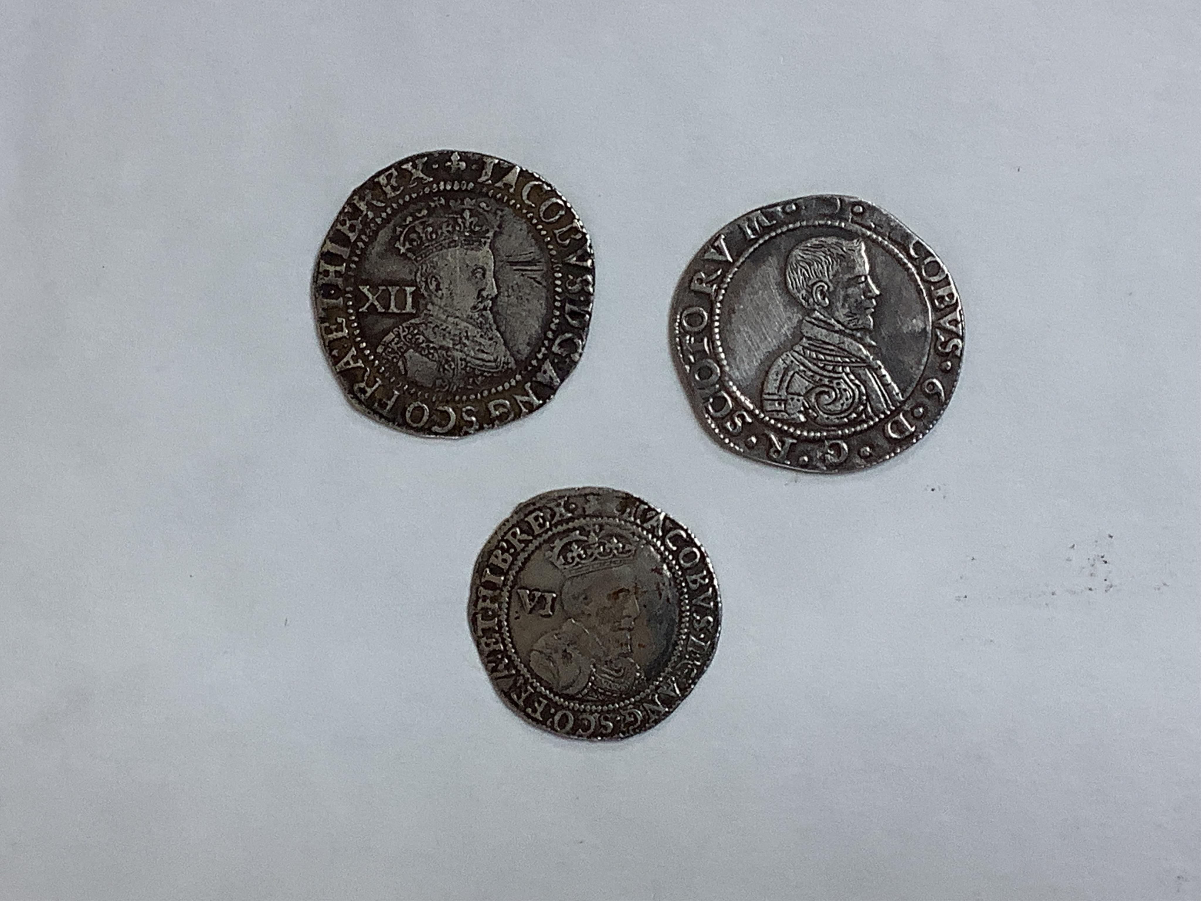 British hammered silver coins, James I shilling, Fine or better, James I sixpence 1603, about VF and James VI Scotland sixpence 1598, plugged hole otherwise F/VF